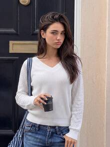 Women's V-Neck Raglan Patchwork Long Sleeve Casual Loose Fit Versatile Solid Color Hollow Sleeve Thick Knit Sweater Top Autumn/Winter - Beige - View 9