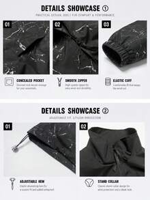 1pc Women's Spring/Autumn Outdoor Mountain Style Black Marble Print Stand Collar Zipper Elastic Cuff Adjustable Hem Drawstring Loose Casual Cycling Climbing Jacket - Black - View 6