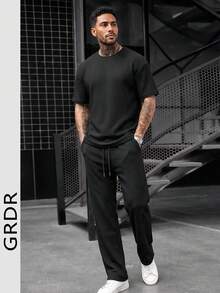 GRDR Vintage Waffle Knit Men's Casual Minimalist Drawstring Short Sleeve Top And Long Pants 2 Pieces Set - Black - View 1