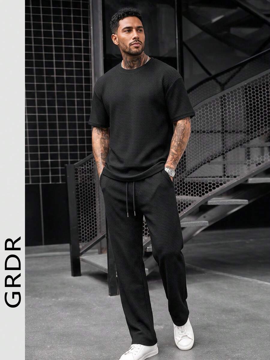 GRDR Vintage Waffle Knit Men's Casual Minimalist Drawstring Short Sleeve Top And Long Pants 2 Pieces Set - Black - View 1