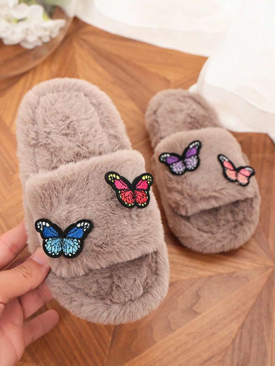 小花刺繡毛絨拖鞋,秋冬新款,厚底防滑,柔軟保暖,室內一條帶式拖鞋 - 卡其色 - 查看 1