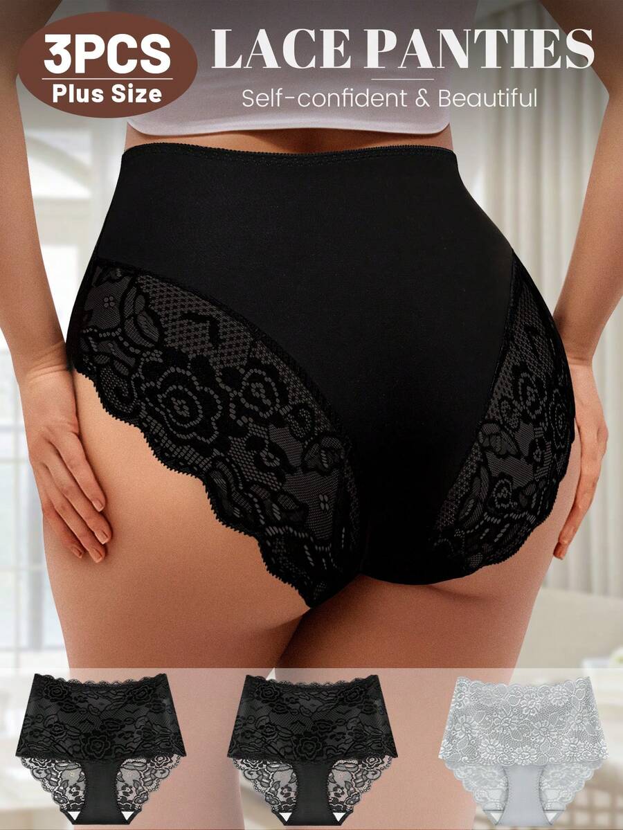 MEIYATING 3pcs Plus Size Lace Panties, High Waist Tummy Control, Sexy Fitted Hollow Out Floral Design Women's Underwear