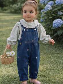 Baby Floral Embroidered Denim Adjustable Shoulder Strap Overalls, Loose Rolled Hem Long Pants For Boys And Girls - Navy Blue - View 4