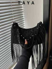 New Retro Fashion Leopard Print Square Bag, Tassel And Rivet Decor, Zipper Closure, Large Capacity Lightweight Minimalist, Soft Texture Shoulder Underarm Bag, Suitable For Women's Daily Life, Casual, Commute, Work, Vacation And Student Use - Black - View 2
