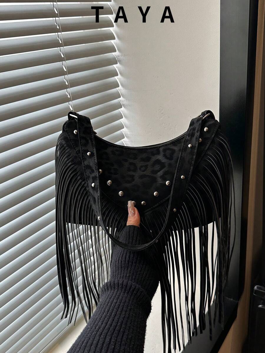 New Retro Fashion Leopard Print Square Bag, Tassel And Rivet Decor, Zipper Closure, Large Capacity Lightweight Minimalist, Soft Texture Shoulder Underarm Bag, Suitable For Women's Daily Life, Casual, Commute, Work, Vacation And Student Use