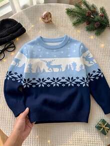 Young Boy Christmas Reindeer Color Block Pullover Sweater, Spring Autumn Winter - Blue - View 3