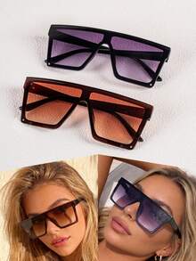 Women Oversized Flat Top Sunglasses, One Piece Integrated Gradient Lens Square Frame UV Protection Fashion Shades For Street Beach - Multicolor - View 6