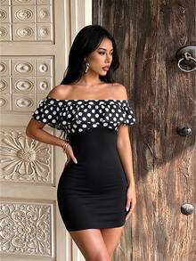 Da Jade Women Chic Off Shoulder Polka Dot Ruffle Mini Dress Contrast Patchwork Slim Fit Soft Versatile Elegant Night Out Date Night Party Club Outfit - Black - View 2