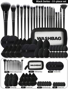 51Pcs/20pcs Black Makeup Tool Set Makeup Brushes Triangle Puff Finger Puff Round Powder Puff Makeup Sponge Makeup Bag For Foundation Blush Contour Eyeshadow Blending Dry Wet Use - Black - View 1