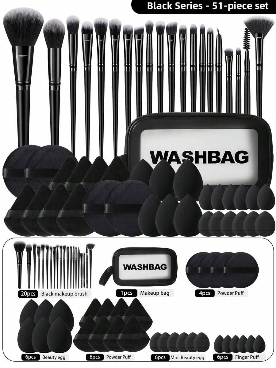 51Pcs/20pcs Black Makeup Tool Set Makeup Brushes Triangle Puff Finger Puff Round Powder Puff Makeup Sponge Makeup Bag For Foundation Blush Contour Eyeshadow Blending Dry Wet Use - Black - View 1