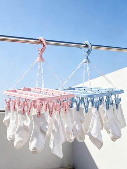 1pc Rotating 32-Clip Plastic Clothes Hanger, Space-Saving Foldable Hanging Rack For Socks, Underwear And Small Clothing, Bedroom Bathroom Closet Dorm Storage, Travel College Essentials, Home Decor, Laundry Room Storage Rack