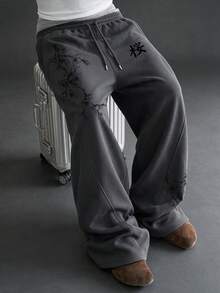 Camvyn Men's Autumn Casual Fashion Cherry Blossom Pattern Versatile Drawstring Loose Sweatpants - Dark Grey - View 2