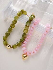 2/1pc Fashion Casual Acrylic Green & Pink Beaded Heart Pendant Necklace Set, Decorative Accessory Suitable For Women's Daily Wear, Dating, Party, Perfect Birthday, Holiday, Halloween, Christmas Gift - Multicolor - View 6