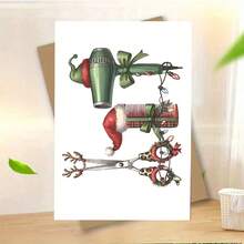 1PC Exquisite Christmas Greeting Card, Hairdressing Tools Pattern, Featuring Hair Dryer Comb And Scissors Decorated With Festive Elements, Suitable For Hair Stylists, Illustrated Christmas Greeting Card (12cm/4.7inx17cm/6.7in) - Multicolor - View 5