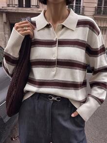Women's Striped Long Sleeve Polo Shirt, Regular Fit, Semi-Sheer Medium Stretch Fabric, Suitable For Autumn - Multicolor - View 2
