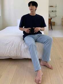 DAZY 男士轻薄撞色格子口袋宽松休闲睡裤两件套，春秋季 - 彩色 - 查看 3