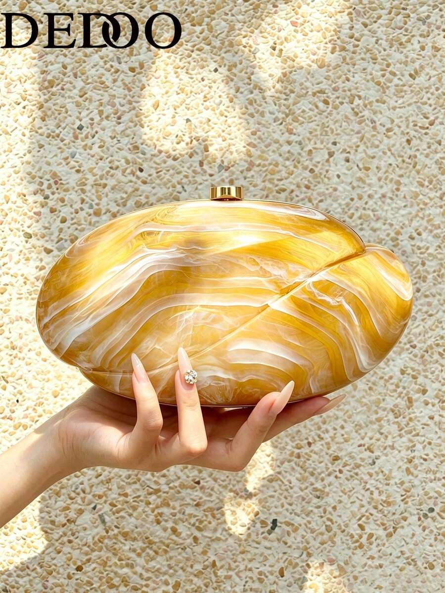 Dedoo 橢圓形貝殼手拿包，琥珀大理石紋，壓克力硬殼，金屬扣，手持式，奢華高級，度假派對女款手拿包