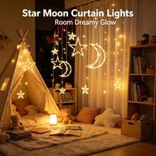 Solar LED Curtain Night Light - Warm Light, Star And Moon Pattern, USB Powered. Perfect For Wall Decor, Bedrooms, New Year, Christmas And Halloween Parties. Smart Festive Lighting That Can Turn Any Room Into A Starry Wonderland - Solar Powered Star and Moon Curtain Lights - View 2