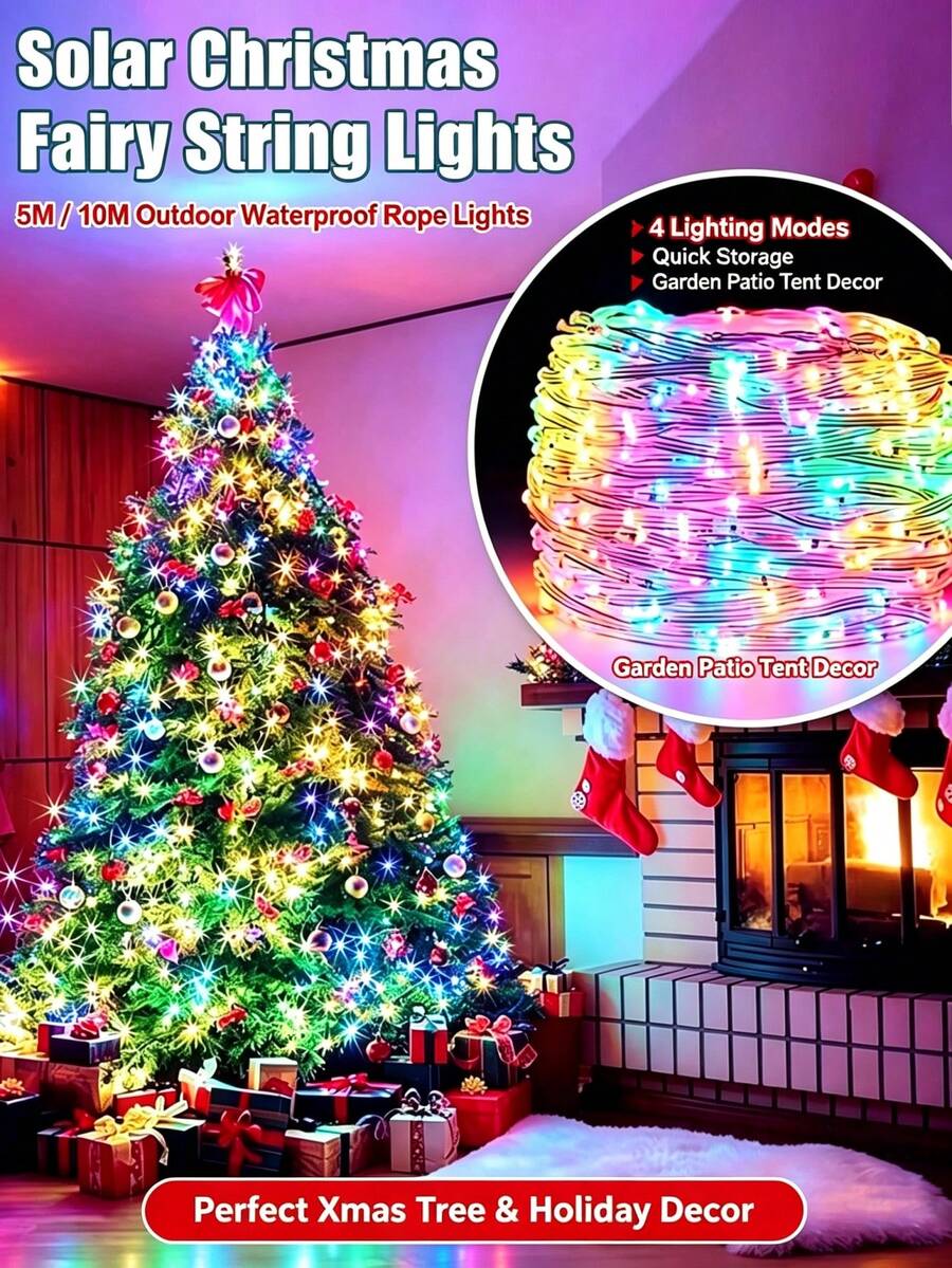 5m/10m Solar Outdoor LED Fairy String Lights, 4 Modes Quick Storage Rope Lights, Waterproof Christmas Tree Decor Lights For Garden Patio Tent Camping Xmas Holiday Decoration