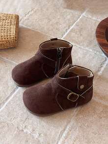Children's Suede Ankle Boots With Side Zipper And Metal Buckle Decor, Versatile Casual Kids Shoes For Autumn/Winter - Brown - View 6