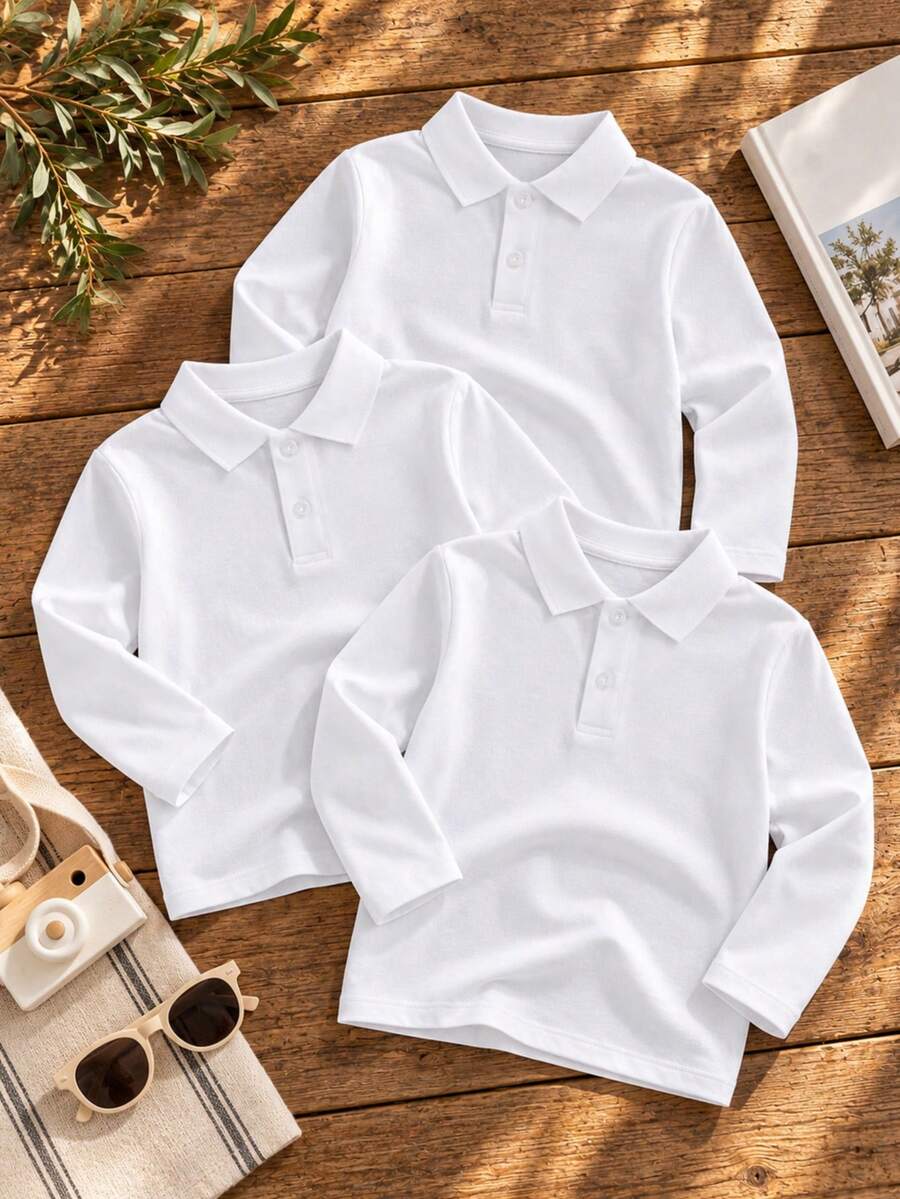 3pcs/Set Unisex Kids Classic White Long Sleeve Polo Shirts, School Uniform Tops For Back To School, Suitable For Daily Wear, Performance And Group Activities - White - View 1
