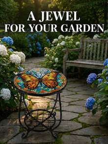 Butterfly Style Round Mosaic Side Table, Iron Frame, Patio Accent Table,Vibrant Butterfly Mosaic Side Table, Two-Tier Design Maximizes Storage And Display Space, Versatile For Patios And Gardens - A - View 6