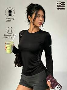 mulinsen Women's Slim Fit Quick-Dry Sports T-Shirt, Round Neck Dotted Print Fitness Running Short Sleeve Top - Black - View 6