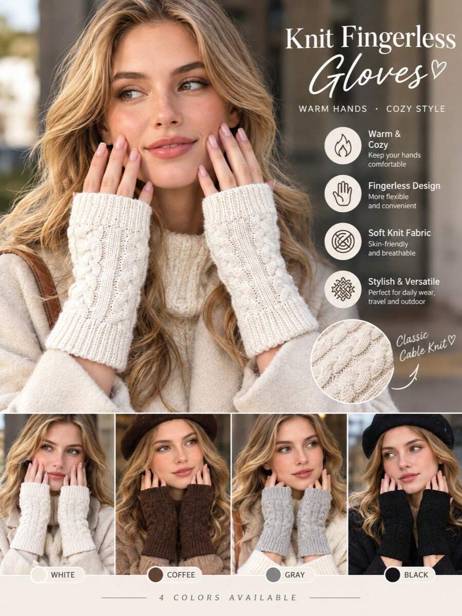 1 Pair Women's Autumn/Winter Warm Knitted Fingerless Writing Gloves, Suitable For Students - A - View 1