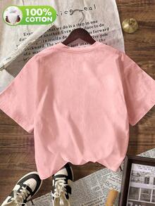 Women's Casual Fat Cat Print Crew Neck Short Sleeve T-Shirt, Everyday After-Work Top For Spring/Autumn/Summer - Pink - View 7