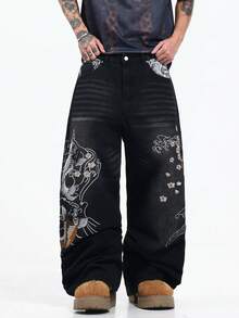 Justice Brother 1pc American Street Style Brand Personalized Patchwork Snake Print Design Embroidered Men's Black Denim Jeans All-Season Versatile Loose Comfortable Wide Leg Pants (Belt/Accessories Not Included) - Black - View 6