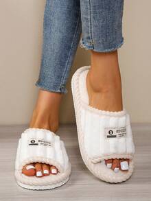 Women's Striped Plush Open-Toe Slippers With Letter Logo, Soft Flat Bottom, Warm Bedroom House Slippers, Multi-Color, Autumn/Winter - White - View 8