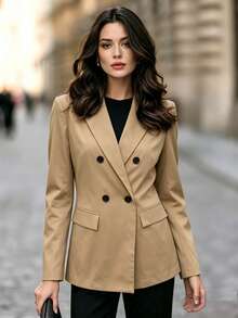 Women's New Autumn/Winter Elegant Commute Minimalist Casual Business Lapel Long Sleeve Khaki Blazer, Women's Autumn Outfit, Formal Occasion Wear - Brown - View 4