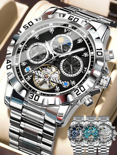 POEDAGAR 1pc Casual Men's Stainless Steel Hollow Tourbillon Automatic Mechanical Watches, Sports Waterproof Luminous Man Wristwatch, For Daily Occasions