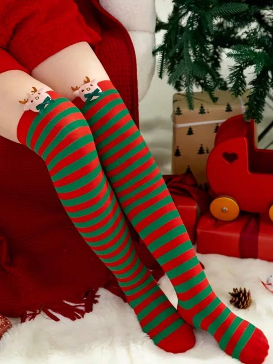 1 Pair Women's Christmas Plush Over-The-Knee Socks, Red & Green Striped Reindeer & Letter Print, Soft Winter Holiday Party Accessory, Hand Wash Only - Red - View 1