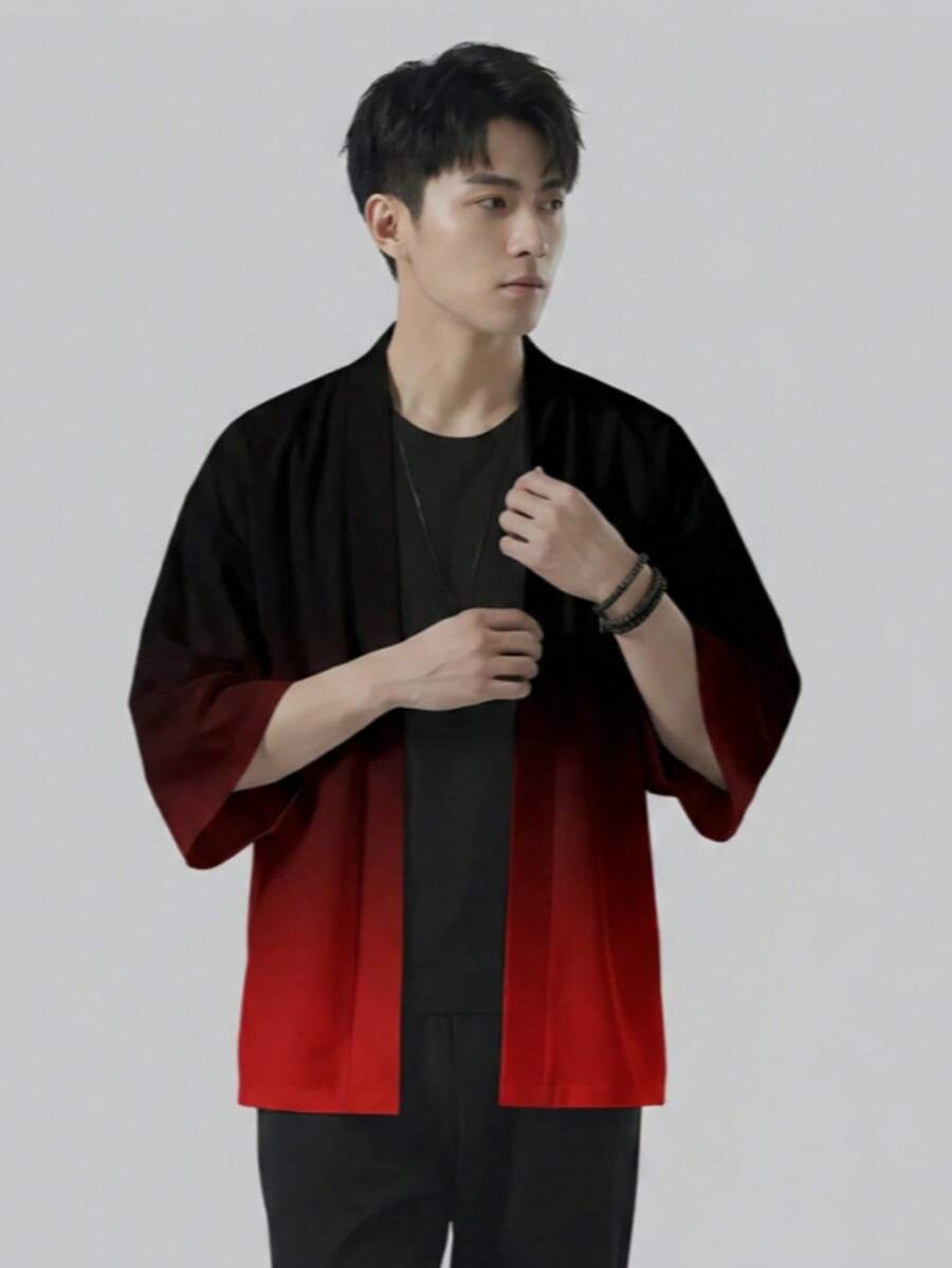 男士和服風開襟衫休閒襯衫，漸層色夾克上衣，可機洗，易打理，舒適面料