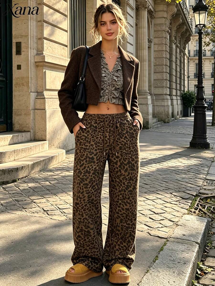 Retro Leopard Print Waist Drawstring Elastic Waist High Waist Wide Leg Straight Trousers Spring And Autumn American Hot Girl Street Style Casual Pants - Multicolor - View 1