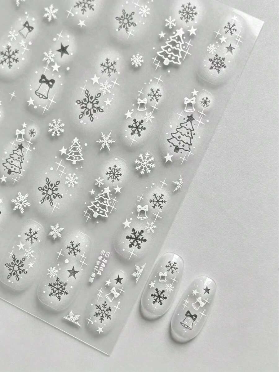 1Sheet Thin & Soft Christmas Nail Stickers Silver White Snowflake Xmas Tree Bell Star Self-Adhesive Nail Art Decals Winter Manicure Decor - White - View 1