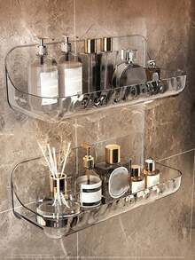 1pc Wall-Mounted Bathroom Storage Rack, No-Drill Suction Cup Toilet Wall Hanging Organizer, Sink Storage Shelf - Water Ripple Transparent - View 1