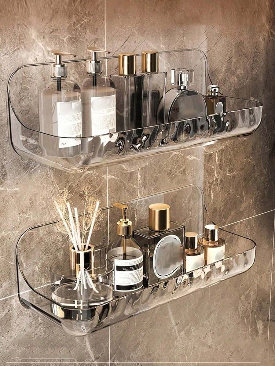 1pc Wall-Mounted Bathroom Storage Rack, No-Drill Suction Cup Toilet Wall Hanging Organizer, Sink Storage Shelf - Water Ripple Transparent - View 1