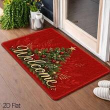 1pc Luxury Red & Gold Christmas Tree Floor Mat, Soft Crystal Velvet Material Carpet, Machine Washable, Suitable For Entryway - Cozy & Comfortable Holiday Decor, Printed Floor Mat - A - View 3