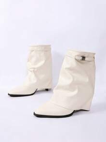 Women's Beige Pointed Toe Chunky Heel Slouchy Ankle Boots, Spring/Autumn Fashion Boots With Slimming Effect - Beige - View 5