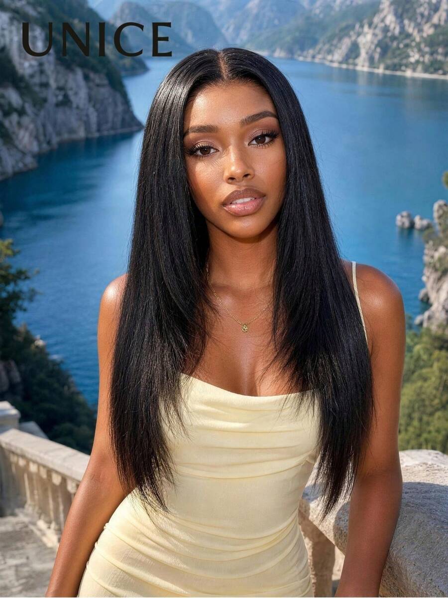 UNice Yaki Straight Layered Bye-Bye Slip 7x5 Lace Glueless Human Hair Wig With Drawstring Fit For All Sizes Pre Cut Pre Plucked Pre Bleached Put On And Go Natural Black Wig For Women 180% Density