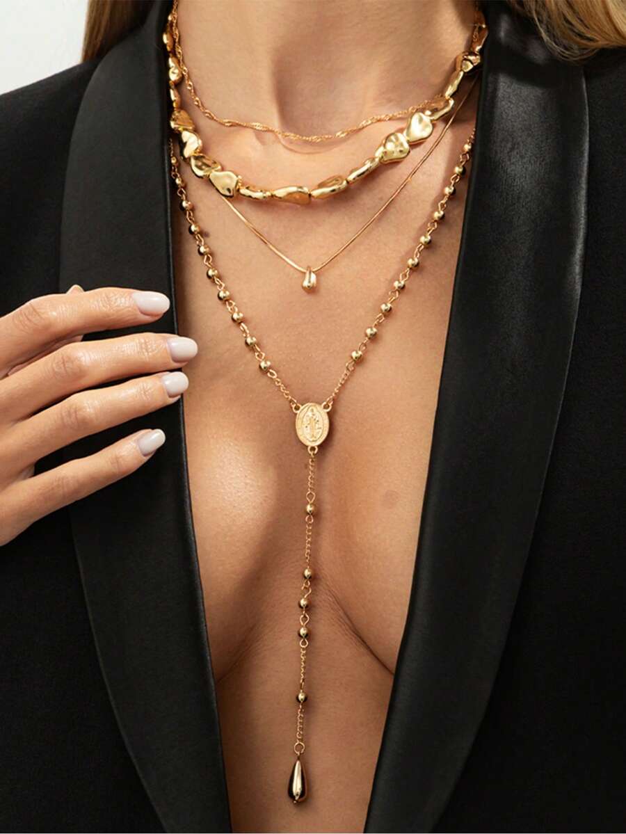 4pcs/Set Kalung Tumpuk Berlapis Emas Vintage, Rantai Ular Manik-manik CCB Asimetris dengan Liontin Tetes Air dan Rumbai Berbentuk Y pada Tulang Selangka - set kalung - View 1