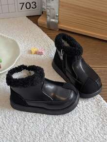 Vintage Patchwork Kids Thermal Lined Ankle Boots, Round Toe Side Zipper Thick Sole Anti-Slip Comfortable Baby Winter Boots - Black - View 5