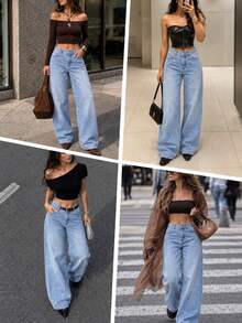 Low Waist Wide Leg Casual Blue Slanted Pocket Curved Women'S Jeans Heat-Transfer Rhinestones - Baby Blue - View 6