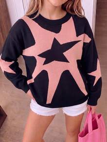 Girls Star Graphic Crew Neck Knit Pullover Sweater Fall Winter Casual Jumpe - Black - View 5
