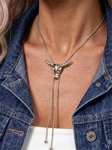 1 pieza Collar bolo vintage de cráneo de toro de cuernos largos estilo occidental, cadena de serpiente ajustable en forma de Y, lazo bohemio, joyería de festival para mujer vaquera - Plateado - Ver 1
