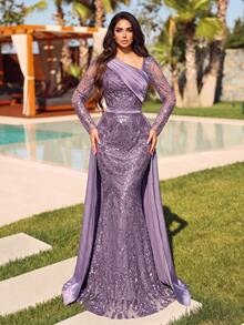 Stunning Asymmetrical Neckline Sequin Evening Gown With Asymmetrical Shoulder Strap, Long Sleeves, Side Train And Satin Skirt, Suitable For Banquets, Galas, Red Carpets And Celebrations - Dusty Purple - View 1