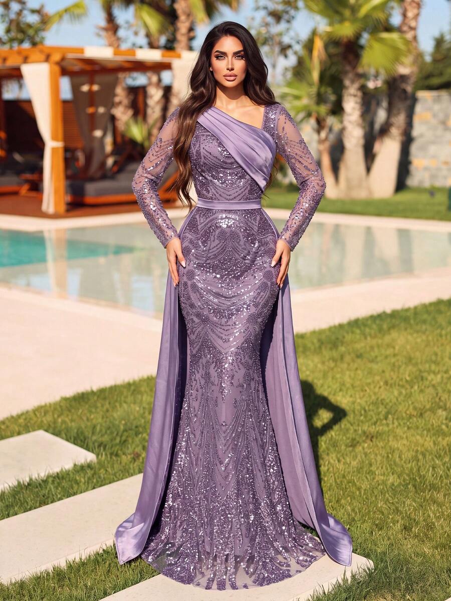 Stunning Asymmetrical Neckline Sequin Evening Gown With Asymmetrical Shoulder Strap, Long Sleeves, Side Train And Satin Skirt, Suitable For Banquets, Galas, Red Carpets And Celebrations - Dusty Purple - View 1