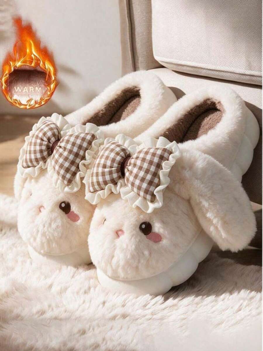Women's Cute Cartoon Rabbit Plush Closed-Toe Slippers, Thermal Lined Warm House & Outdoor Slippers, Winter - Yellow - View 1